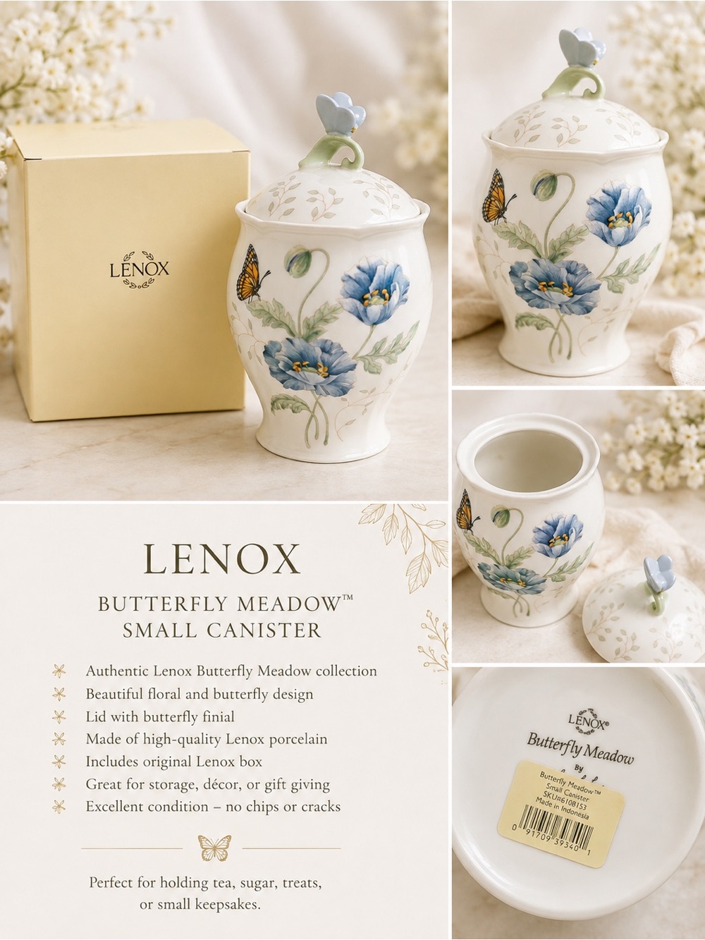 Lenox Butterfly Meadow Porcelain Canister with Blue Floral and Butterfly